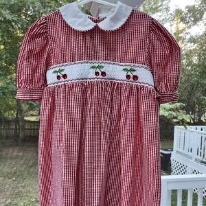 Beautiful Smocked Red and White Gingham Classic Dress with Cherries